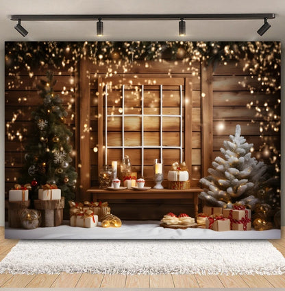 Premium Christmas Wall Art – Winter Cabin & Snowy Trees Holiday Background