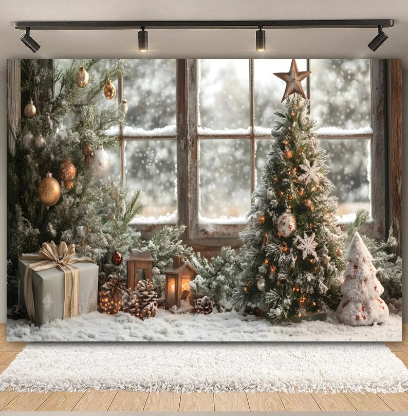 Premium Christmas Wall Art – Winter Cabin & Snowy Trees Holiday Background