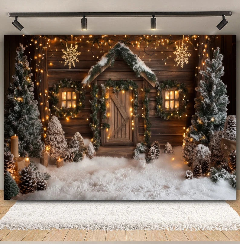 Premium Christmas Wall Art – Winter Cabin & Snowy Trees Holiday Background